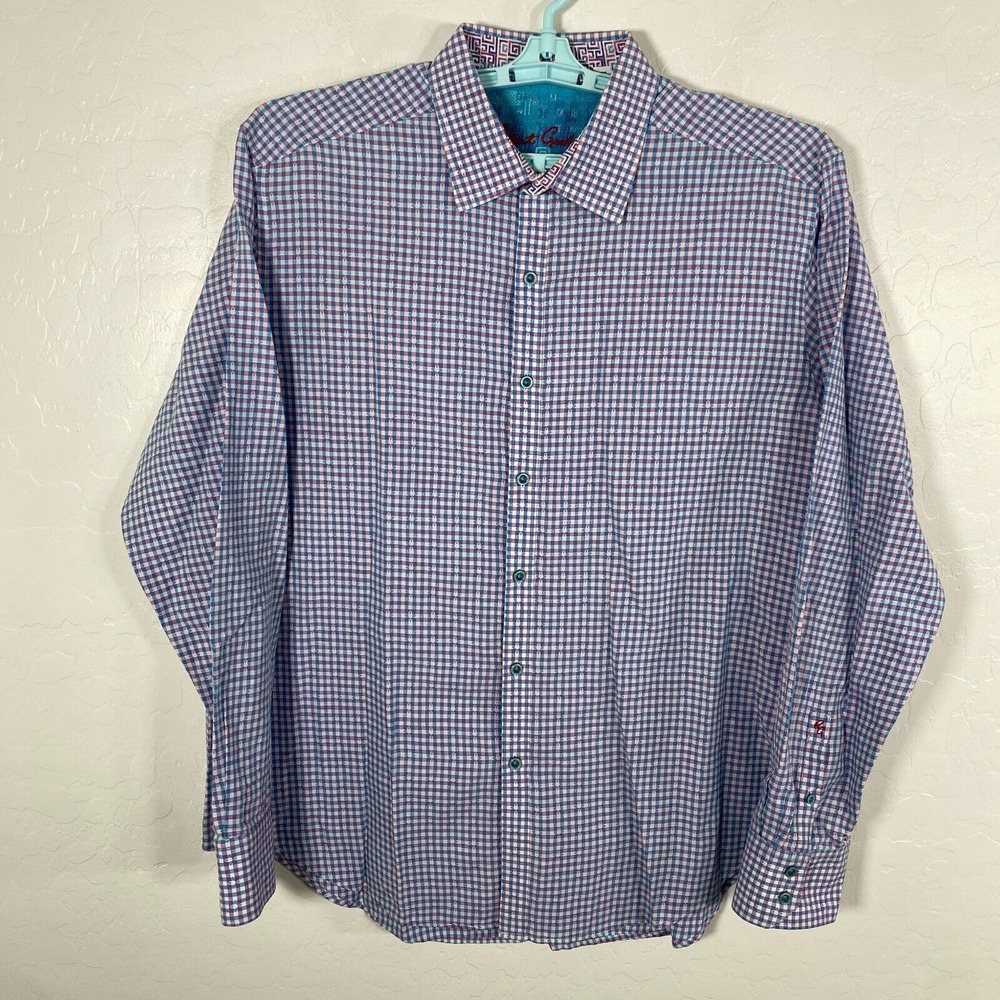 Robert Graham Shirt Mens 2XL Blue‎ Pink Linen Blend Button Up Flip Cuff Check